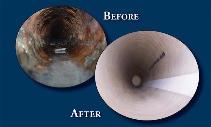 Company-posted comparison showing a corroded pipe interior labeled Before and a lined interior labeled After.
